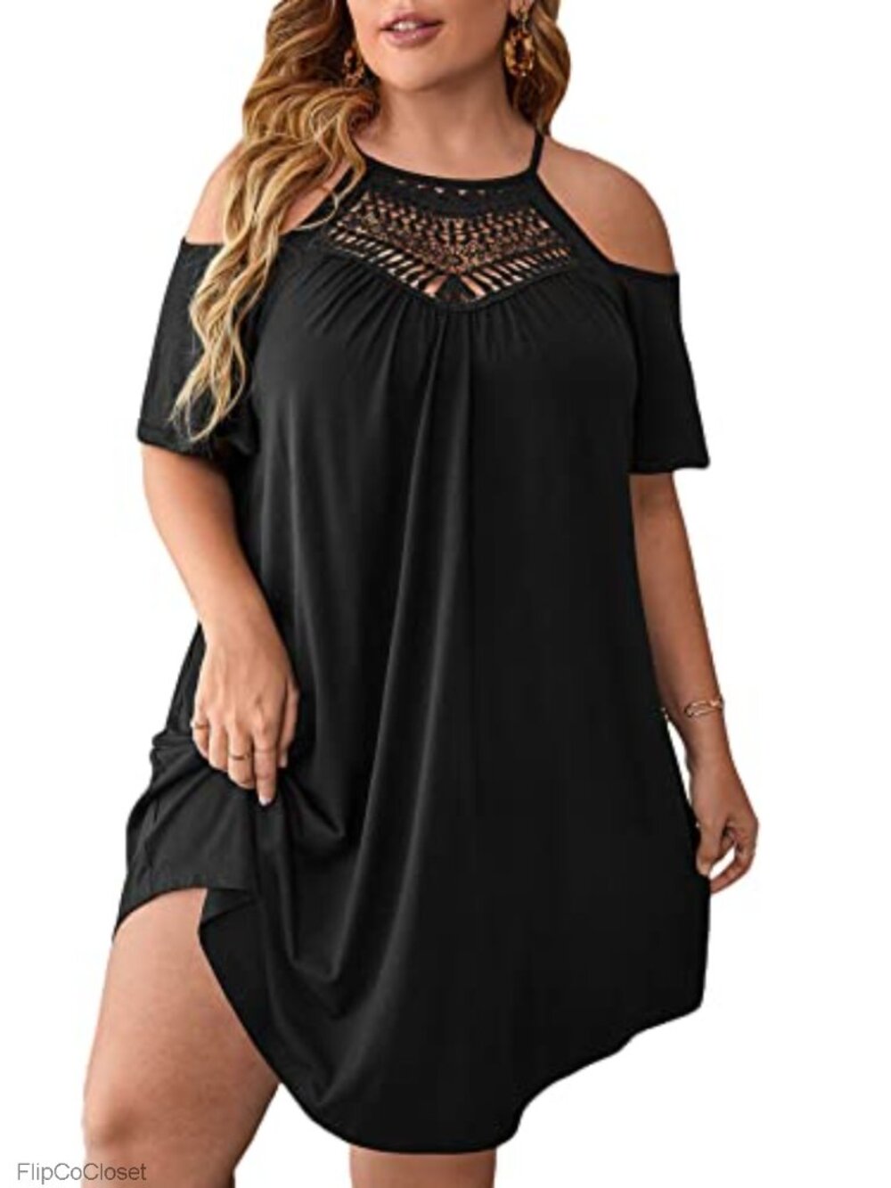 Plus Size Lace Cold Shoulder Mini Dress Short Sleeve Loose Casual T Shirt Dress